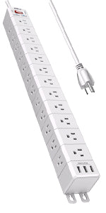 POWSAF 36-outlet three-sided surge protector power strip with 3 USB-A ports, white