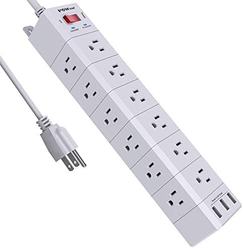 POWSAF 18-outlet three-sided surge protector power strip with 3 USB-A ports, white