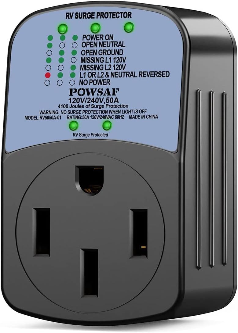 POWSAF 50A RV surge protector with circuit analyzer and weather-resistant housing