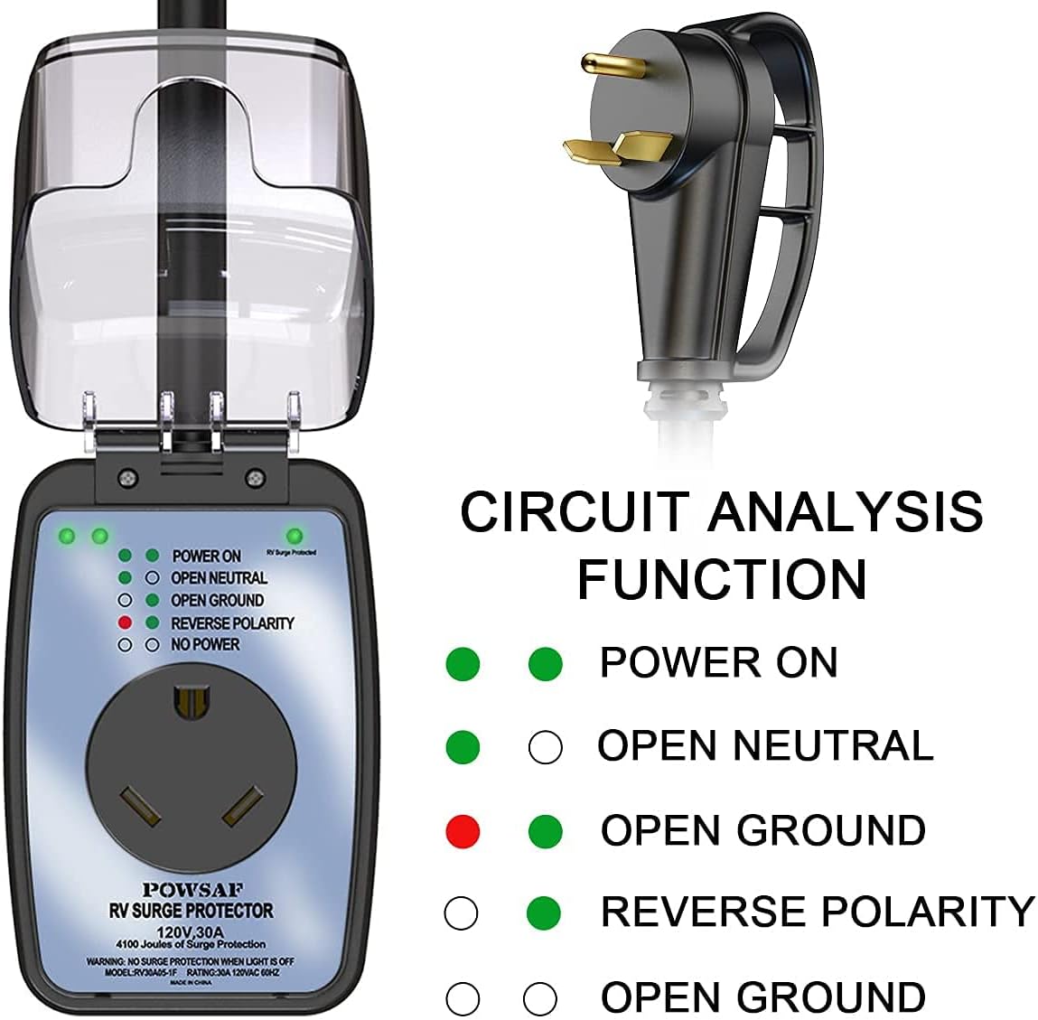 POWSAF 30A RV surge protector with waterproof cover and circuit analyzer - detail image 2