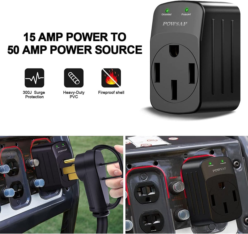 POWSAF 15A male to 50A female RV power adapter in black - detail image 3