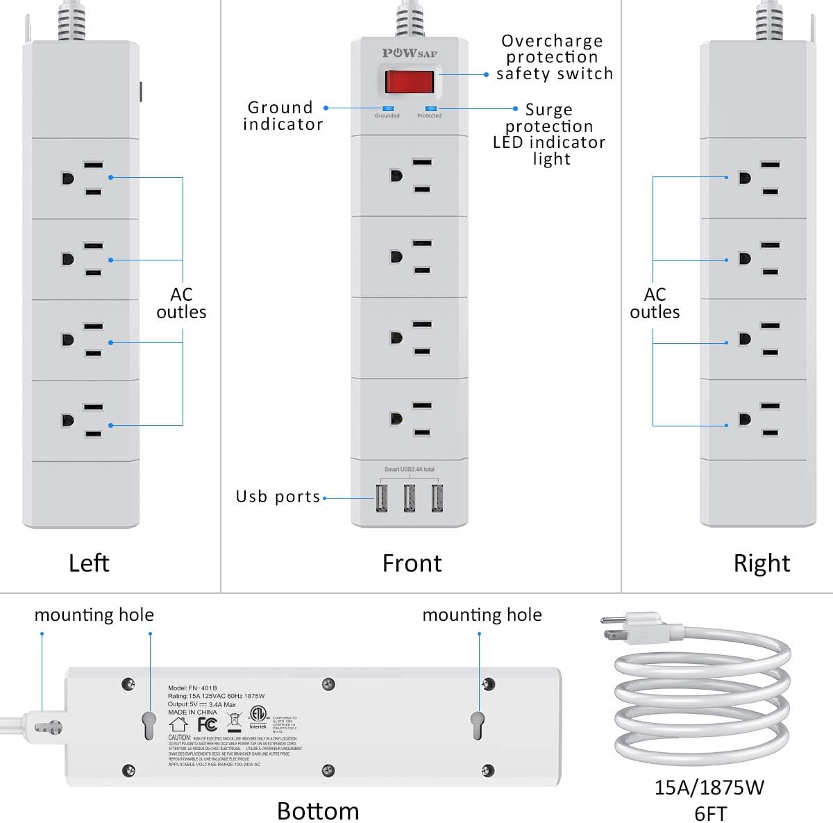 POWSAF 12-outlet surge protector power strip detail image 7