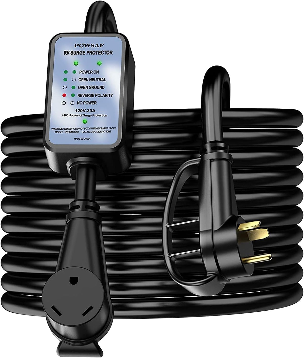 POWSAF 25 ft 30A RV extension cord with 4100J surge protector and circuit analyzer