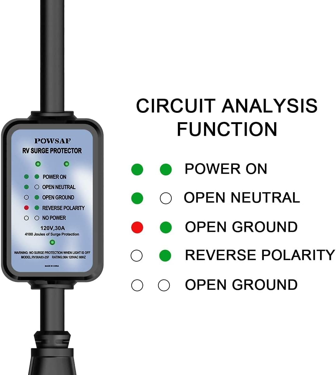 POWSAF 25 ft 30A RV extension cord with 4100J surge protector and circuit analyzer - detail image 2