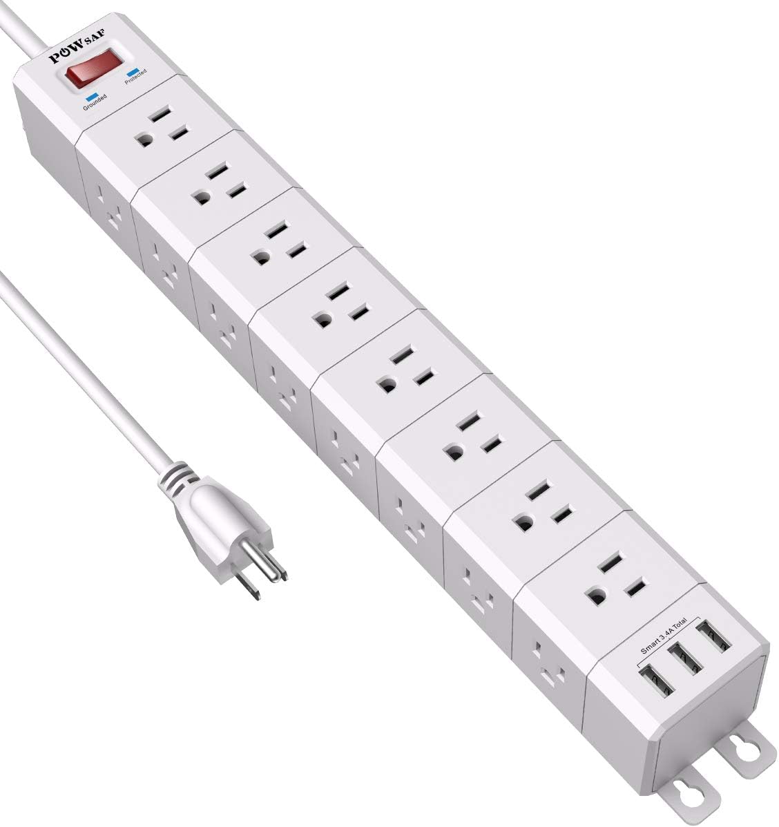 POWSAF 24-outlet three-sided surge protector power strip with 3 USB-A ports, white