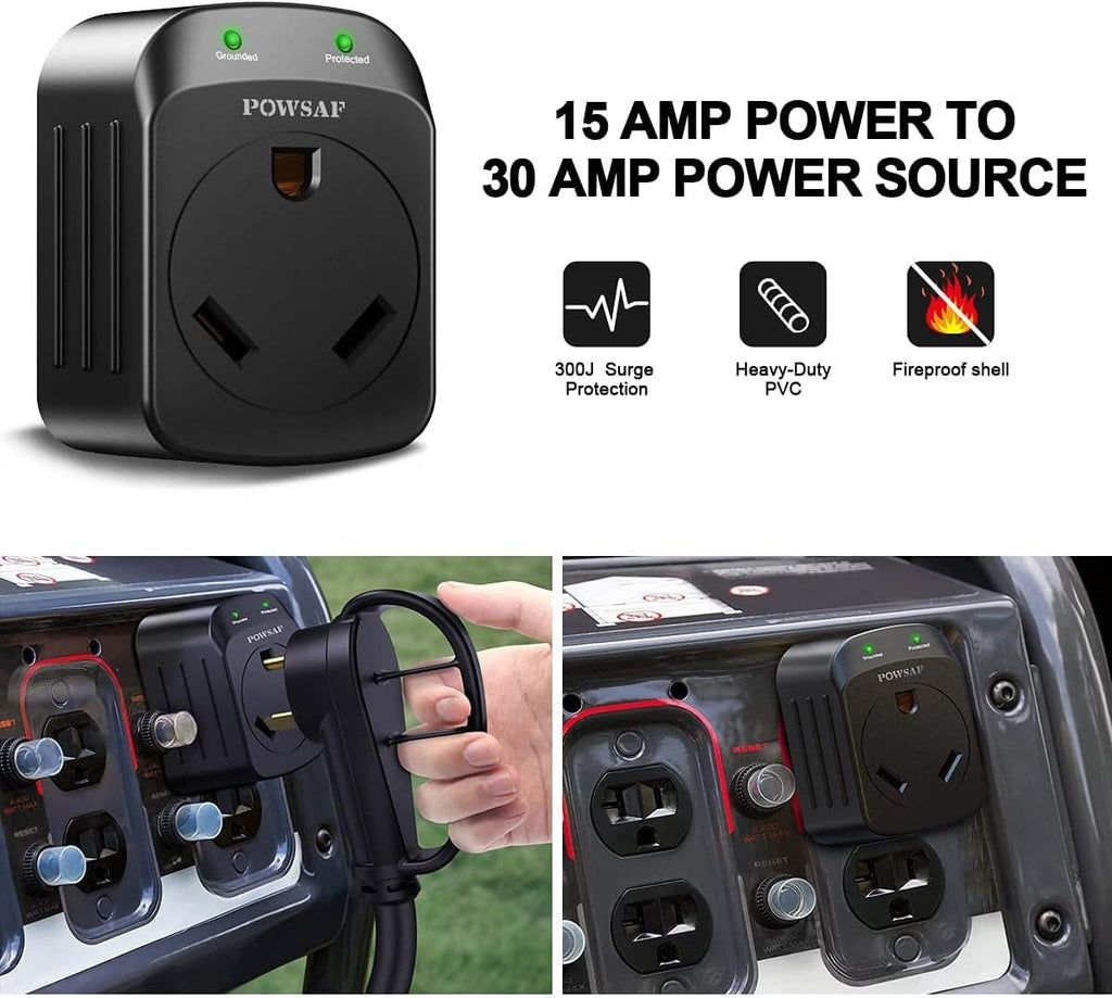 POWSAF 15A male to 30A female RV power adapter NEMA 5-15P to TT-30R - detail image 3