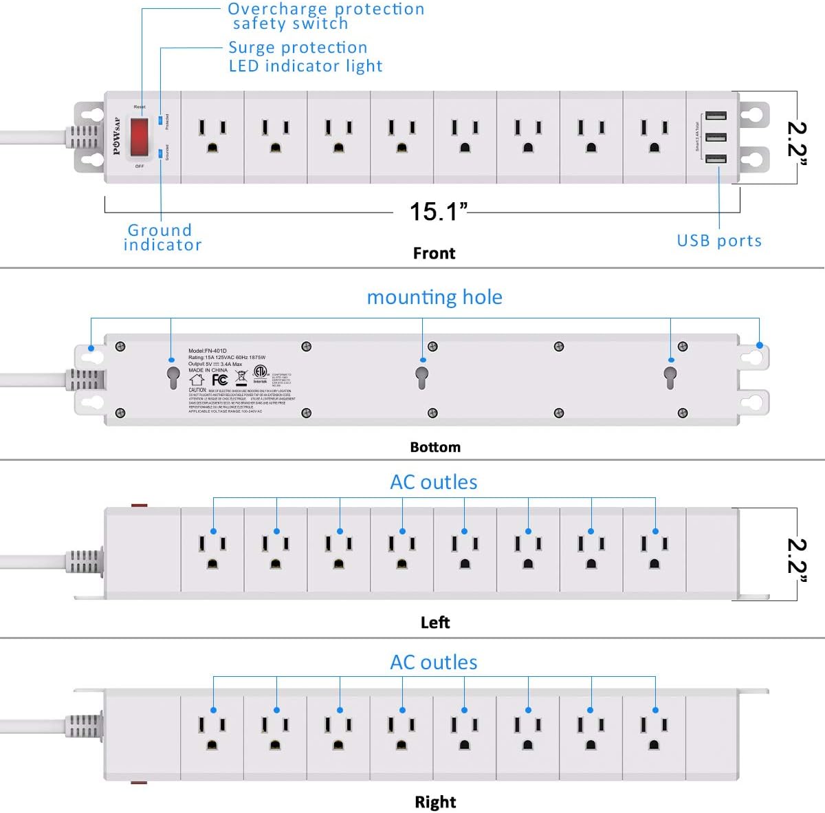 POWSAF 24-outlet surge protector power strip detail image 6