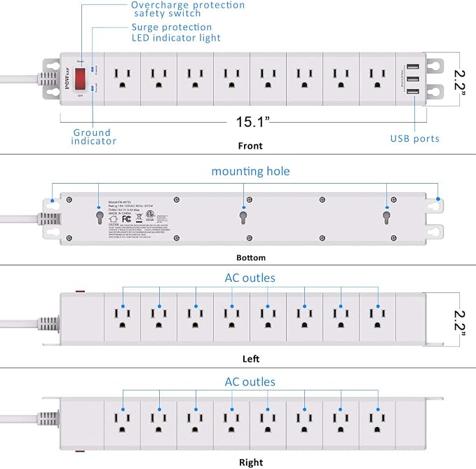 POWSAF 36-Outlet 3-Sided Surge Protector Power Strip, 3 USB-A Ports, 8 ft Cord, 4100J, White