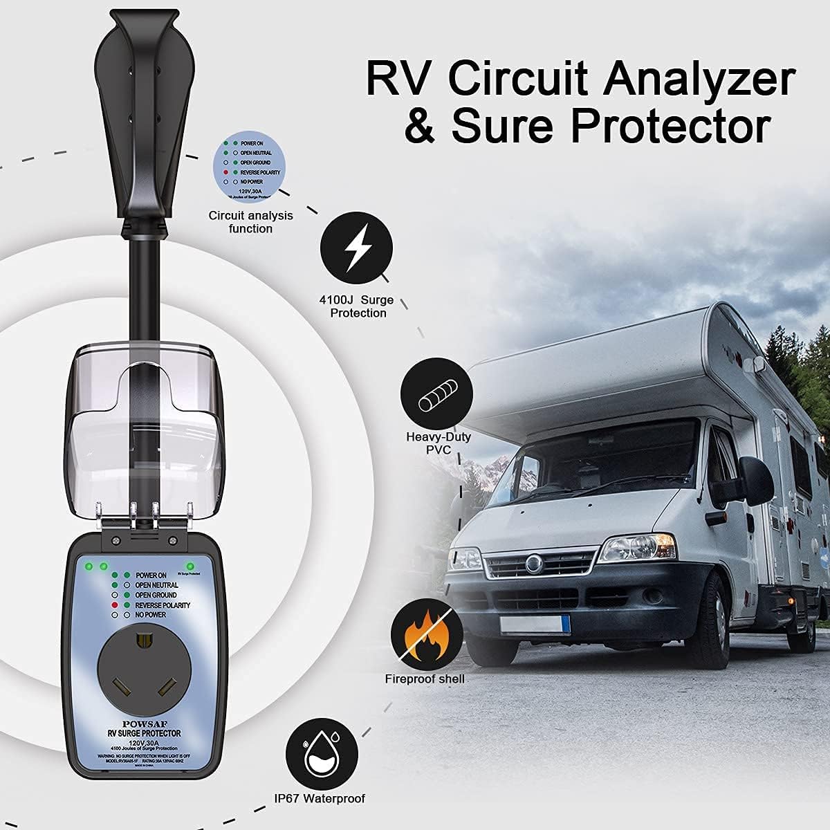 POWSAF 30A RV surge protector with waterproof cover and circuit analyzer - detail image 3