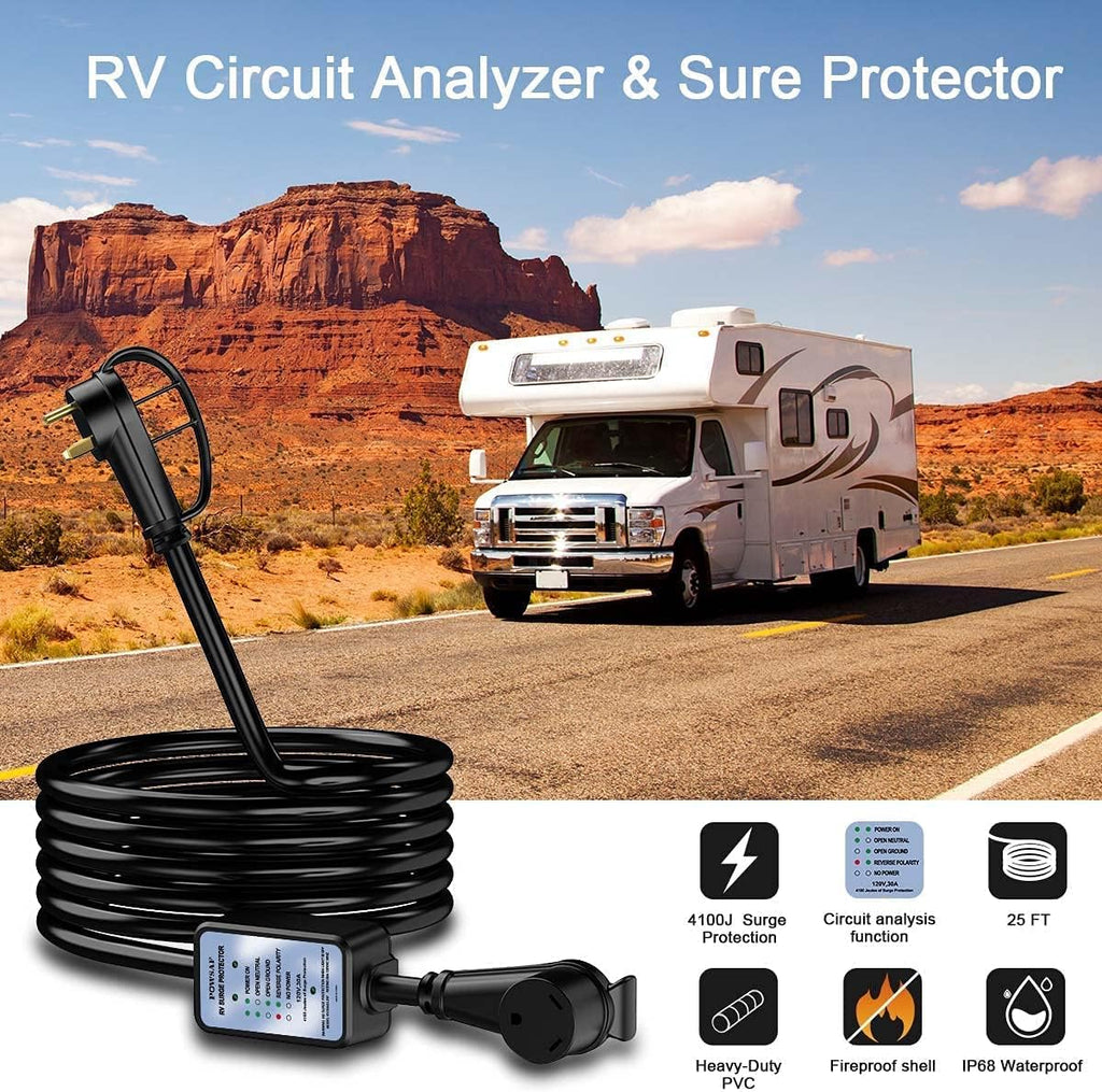 POWSAF 25 ft 30A RV extension cord with 4100J surge protector and circuit analyzer - detail image 3