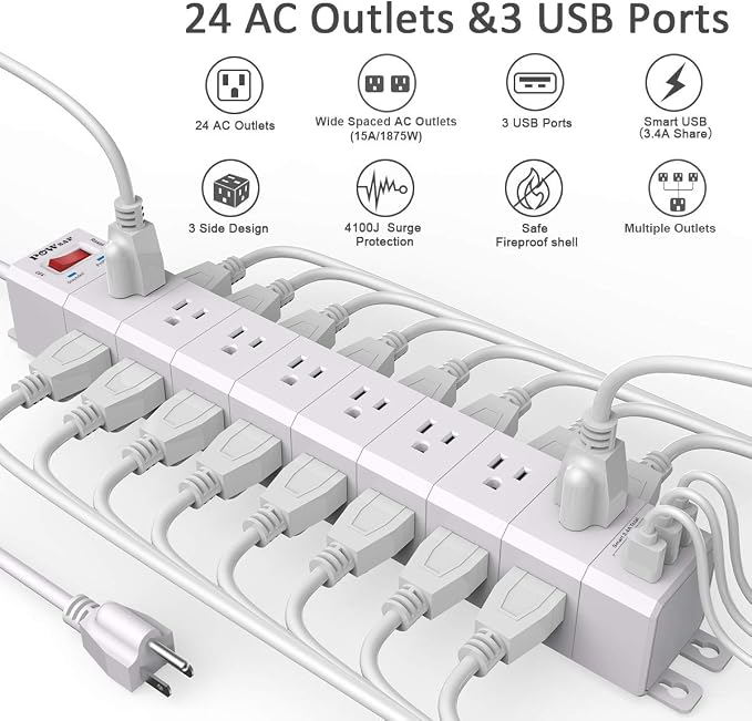 POWSAF 36-Outlet 3-Sided Surge Protector Power Strip, 3 USB-A Ports, 8 ft Cord, 4100J, White