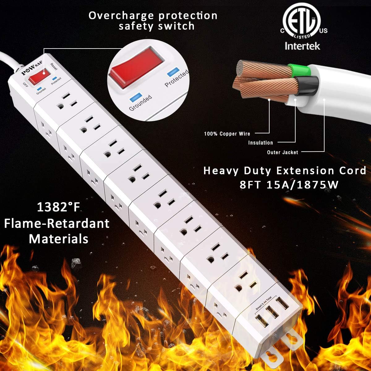 POWSAF 24-outlet surge protector power strip detail image 5