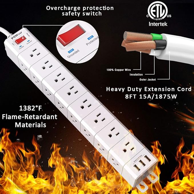 POWSAF 36-Outlet 3-Sided Surge Protector Power Strip, 3 USB-A Ports, 8 ft Cord, 4100J, White